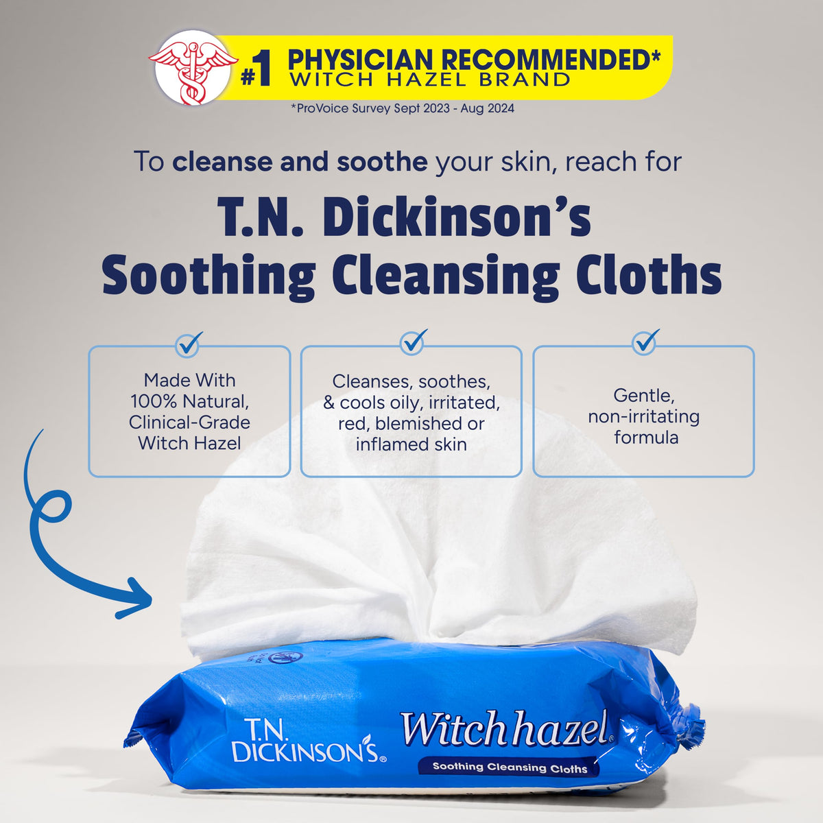 T.N. Dickinson's Lingettes Nettoyantes Apaisantes ouvertes avec une lingette