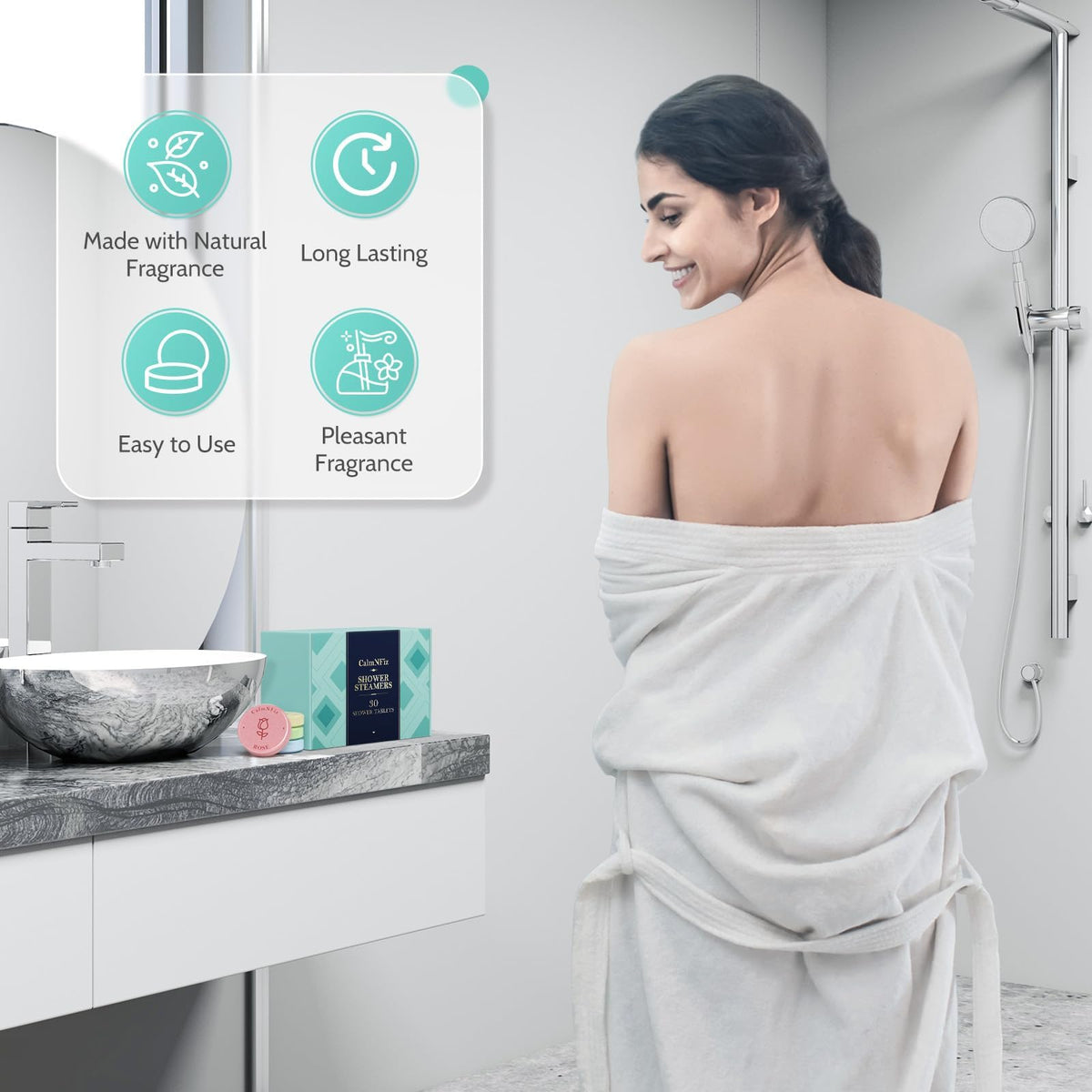 Tablette de douche CalmNFiz en train de se dissoudre sous l'eau chaude