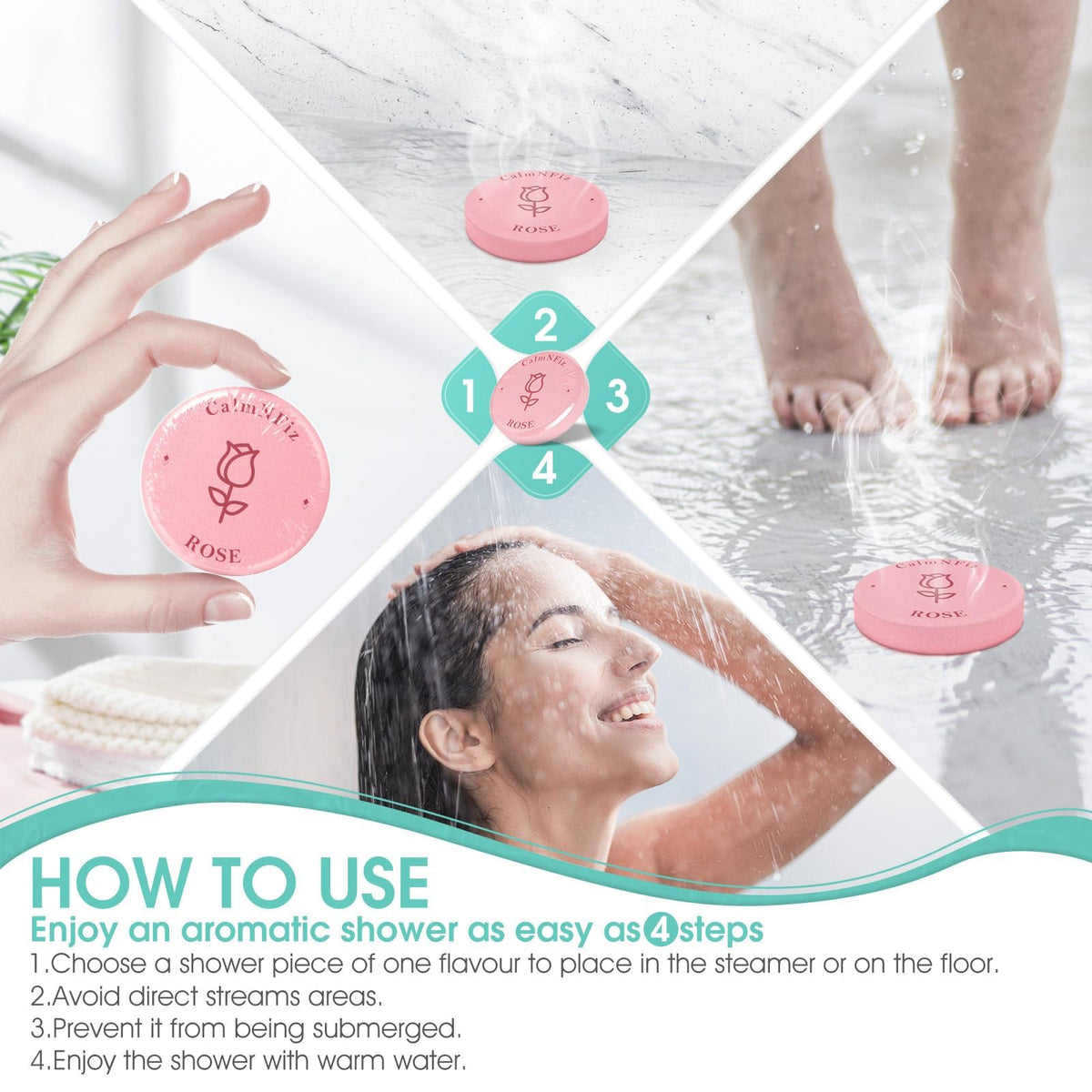 Tablettes de douche CalmNFiz avec différentes couleurs et parfums