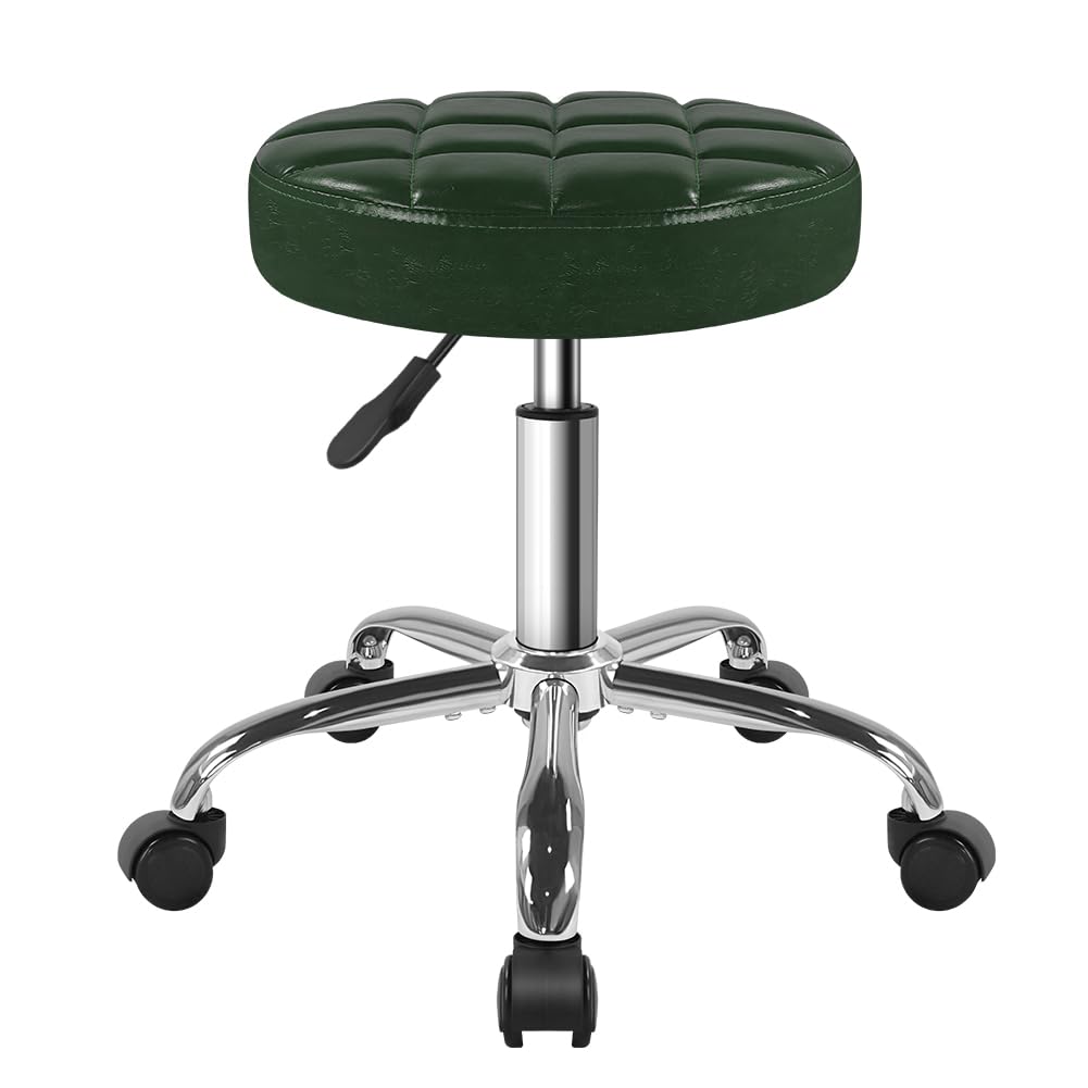 Tabouret roulant BFTOU vert, vue de face avec coussin en cuir PU