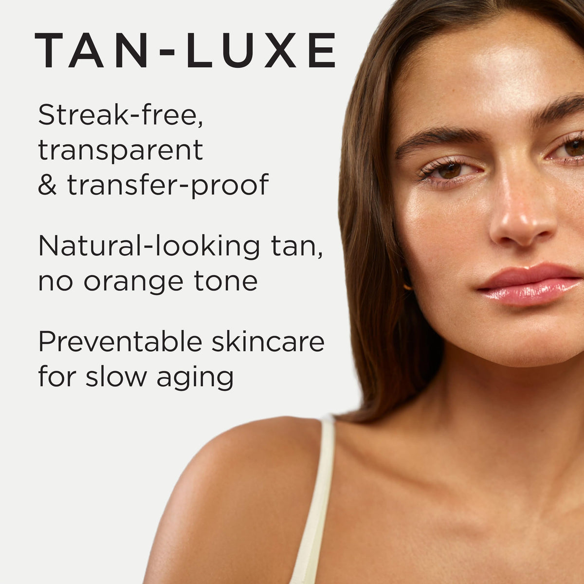 TAN-LUXE The Face gouttes auto-bronzantes sur un fond blanc