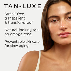 TAN-LUXE The Face gouttes auto-bronzantes sur un fond blanc