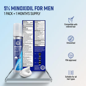 TARO Minoxidil 5% Mousse Topique à côté d'autres produits capillaires