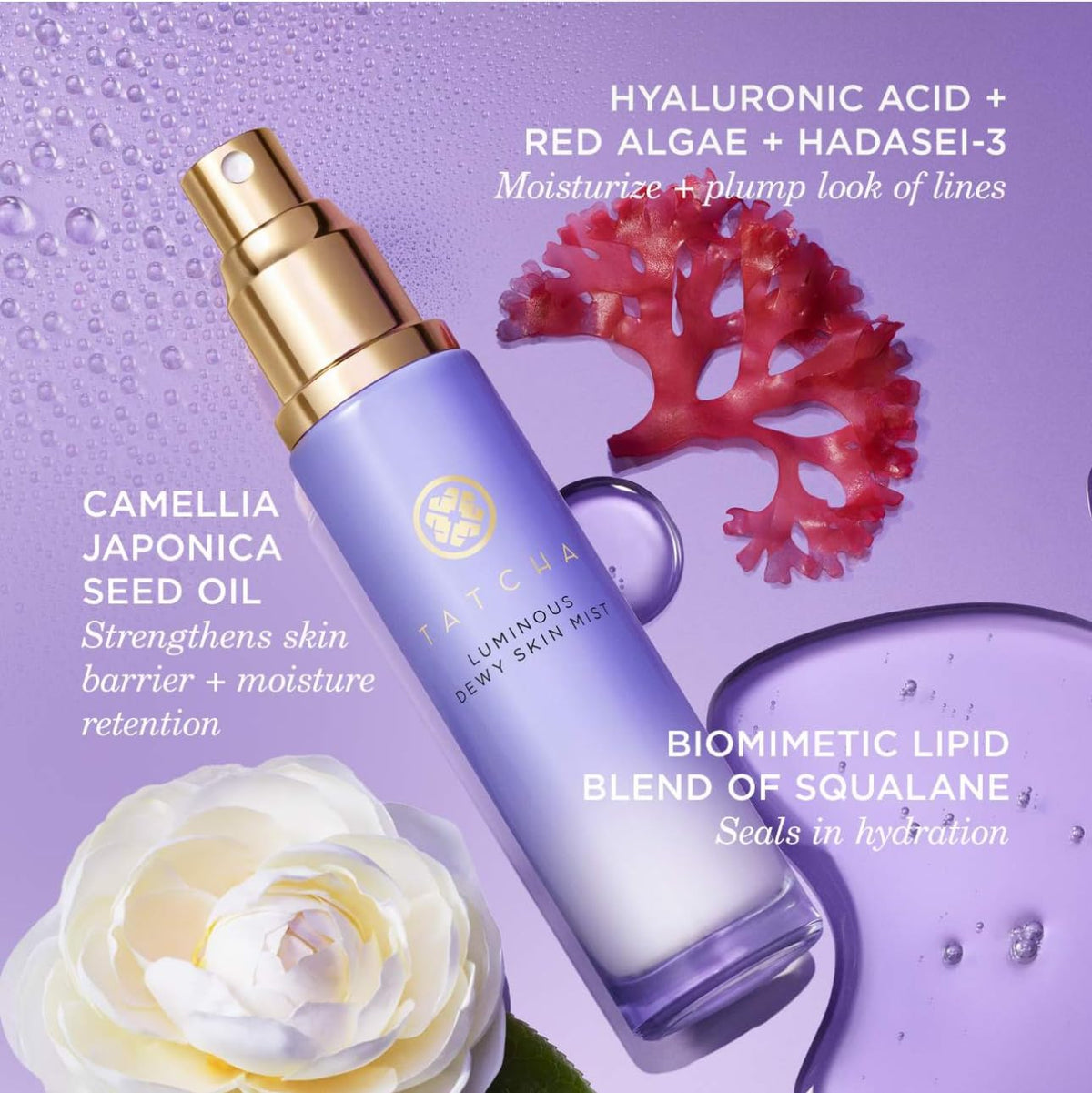 TATCHA Luminous Dewy Skin Mist 168g avec arrière-plan floral