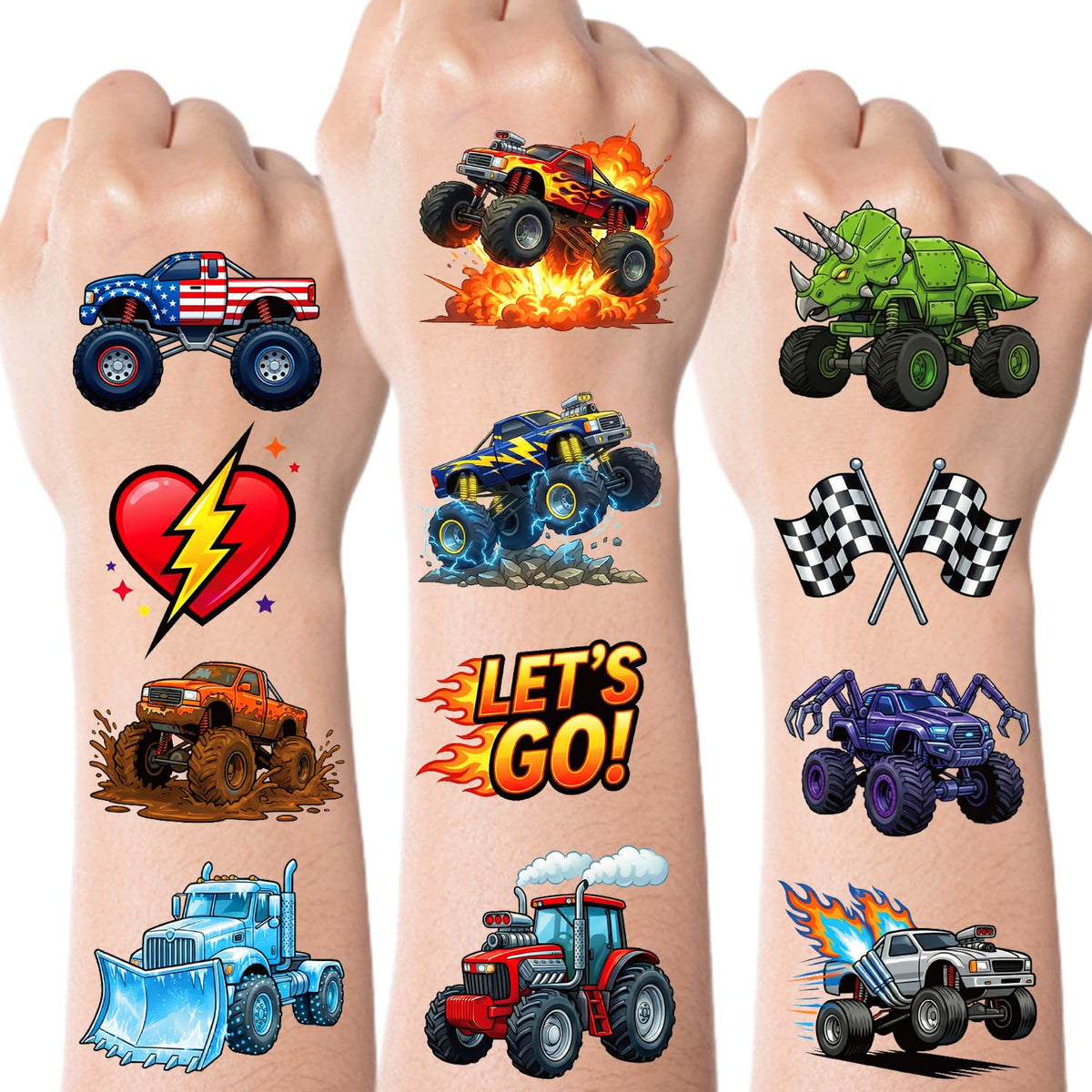Tatouages temporaires monstres trucks JCFIRE en présentation