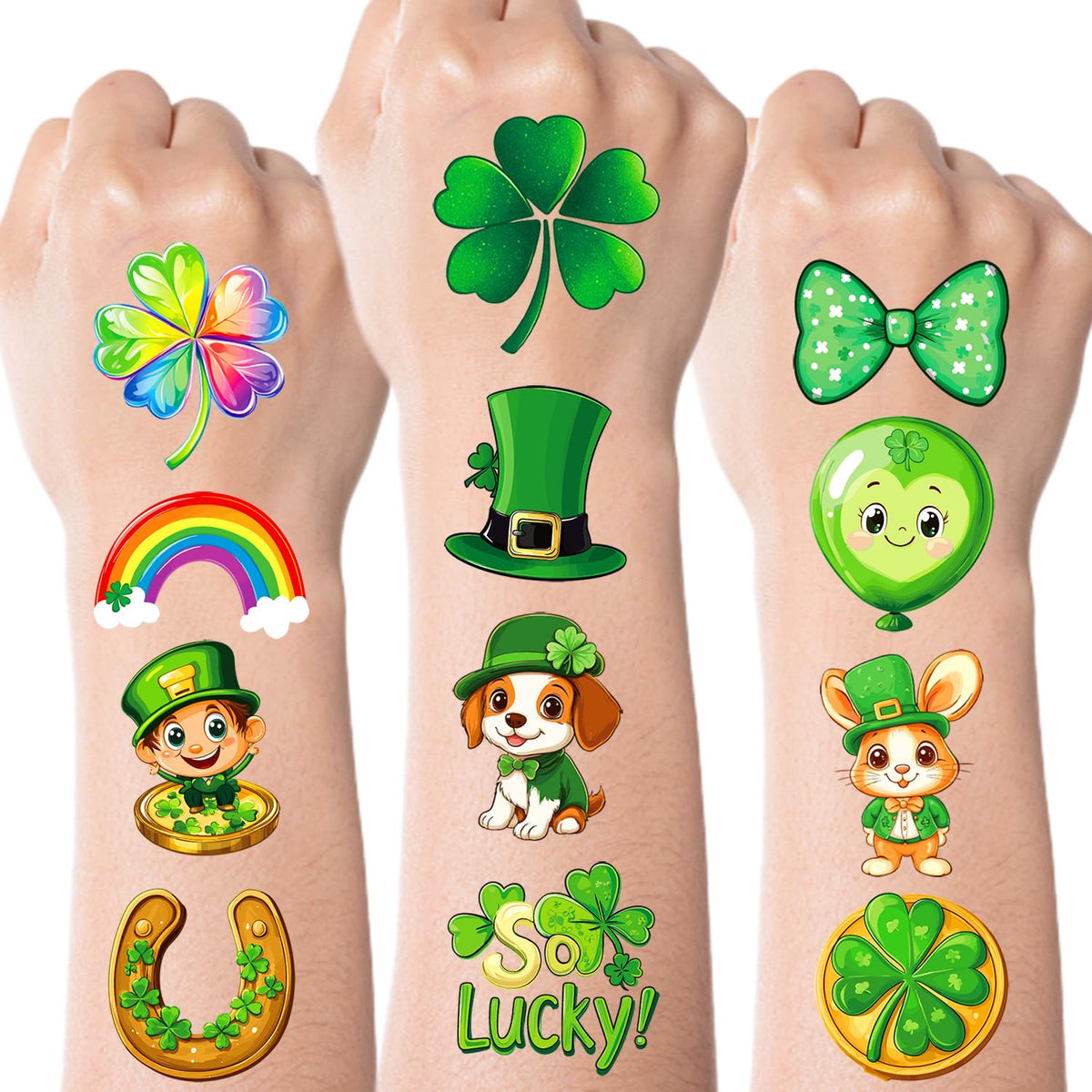 Tatouages temporaires Saint Patrick avec motifs de trèfles et lutins