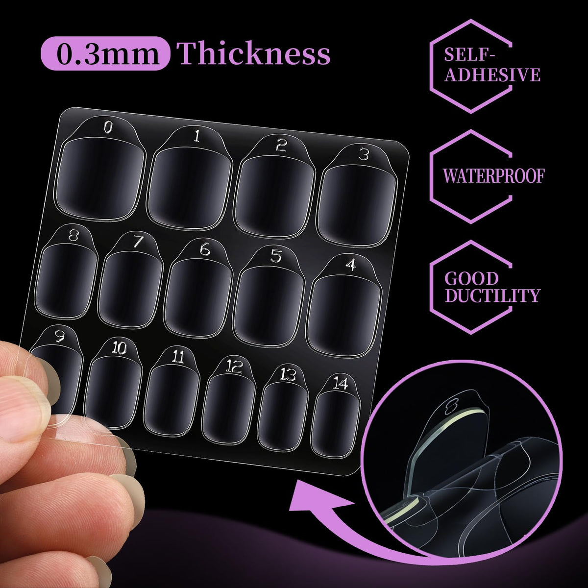Teenitor 600pcs onglets autocollants pour ongles pressés, vue des côtés