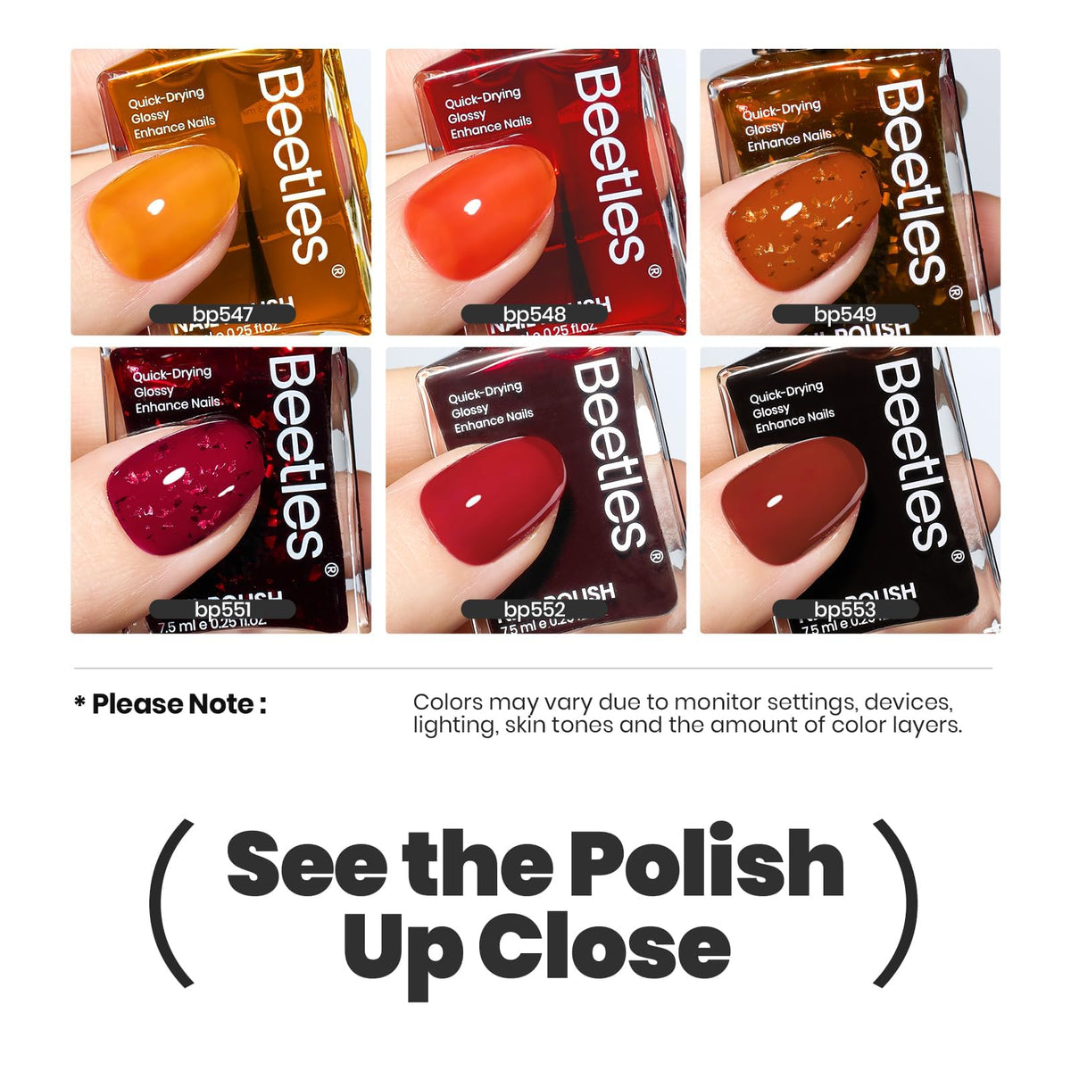 Teintes tendance du set de vernis à ongles Beetles, vue de près