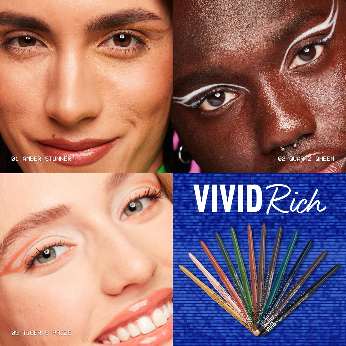 Teintes vives des crayons yeux NYX étalées