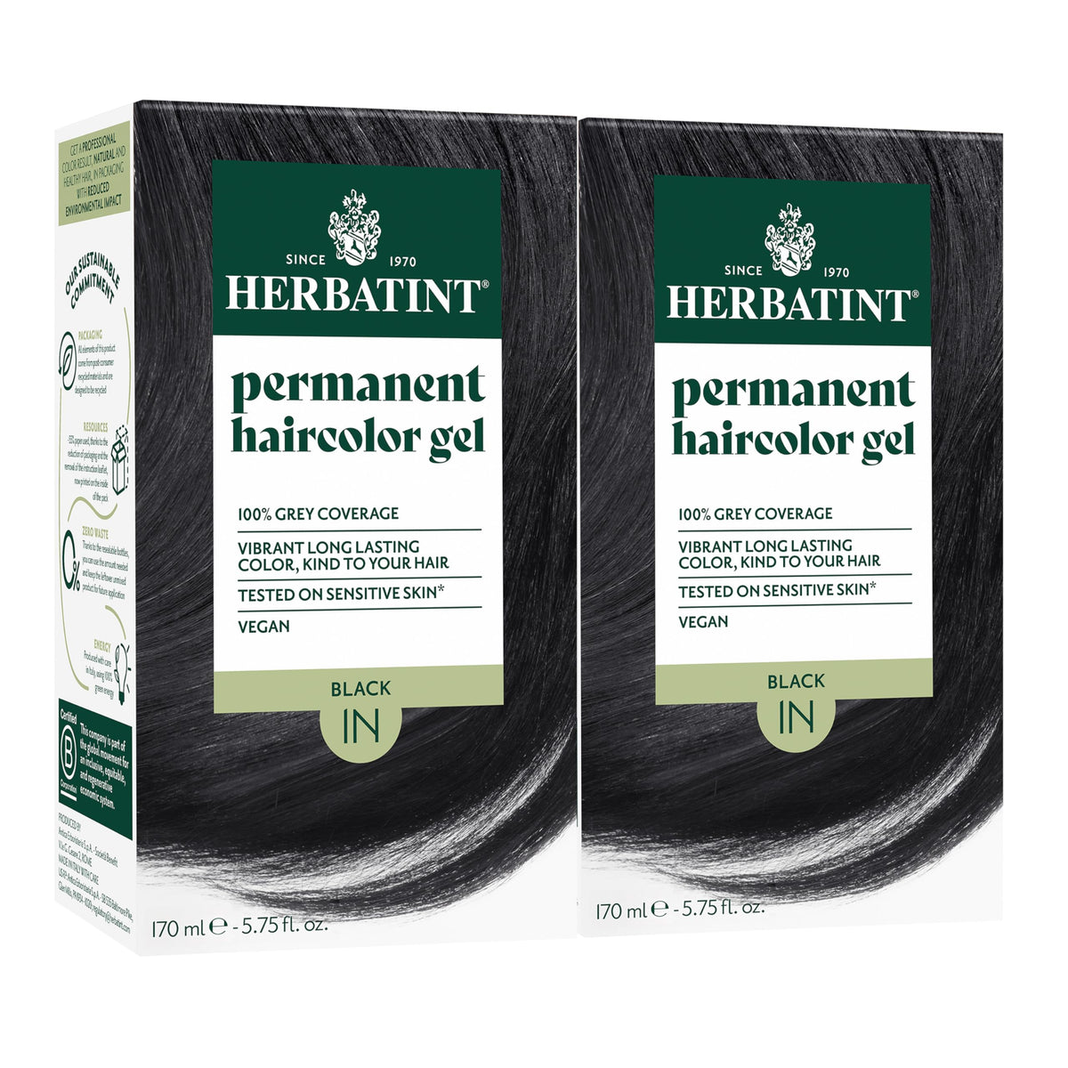 Teinture capillaire permanente Herbatint 1N Noir, avant et après application