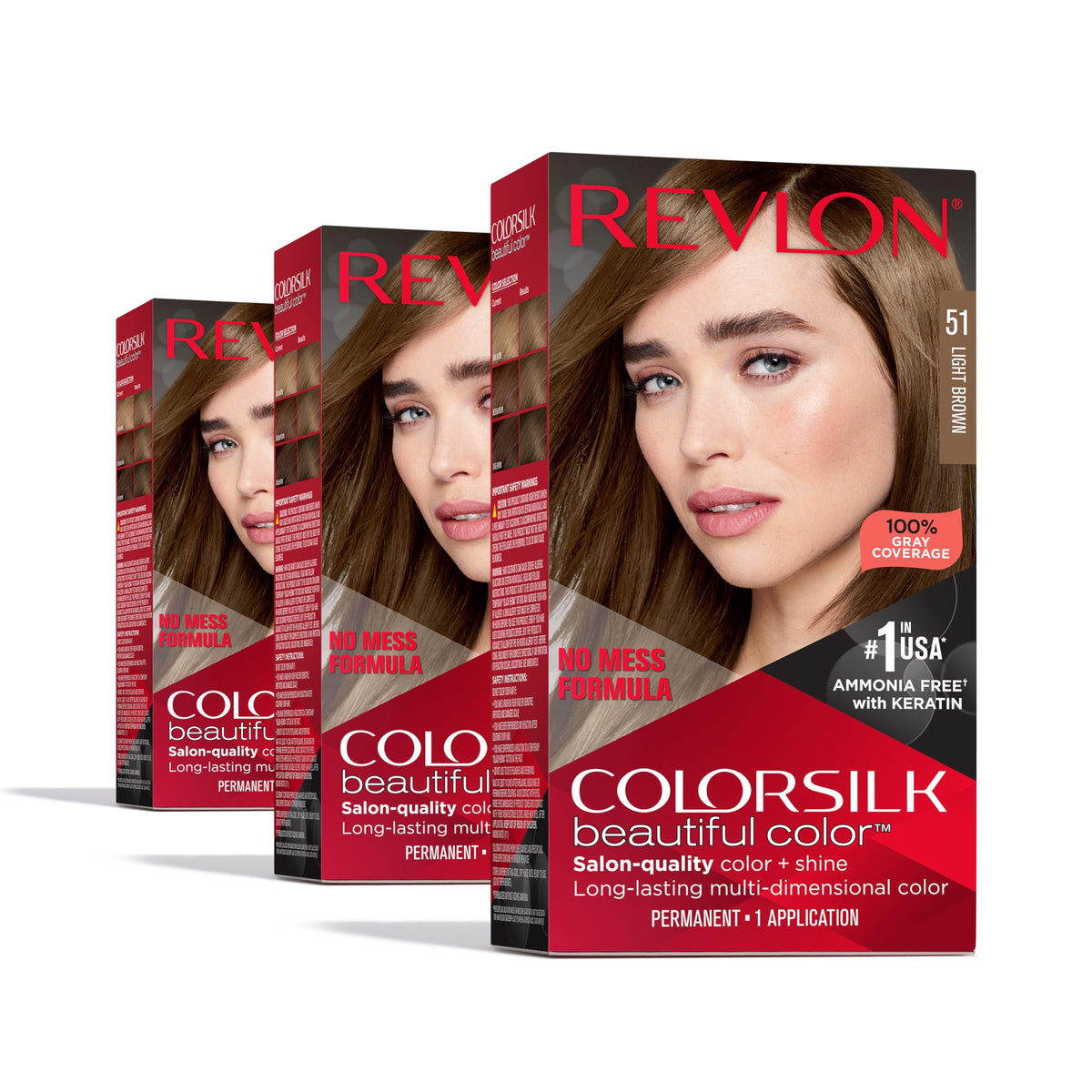 Teinture REVLON ColorSilk 51 Châtain Clair, emballage avant avec détails de produit