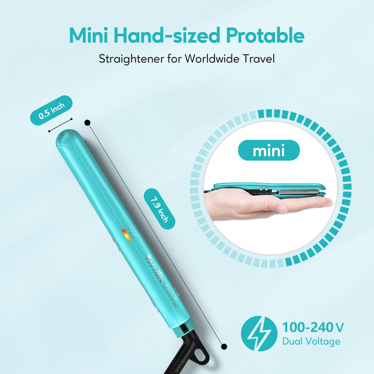 Terviiix Mini Fer à Lisser Cyan dans une main pour démonstration