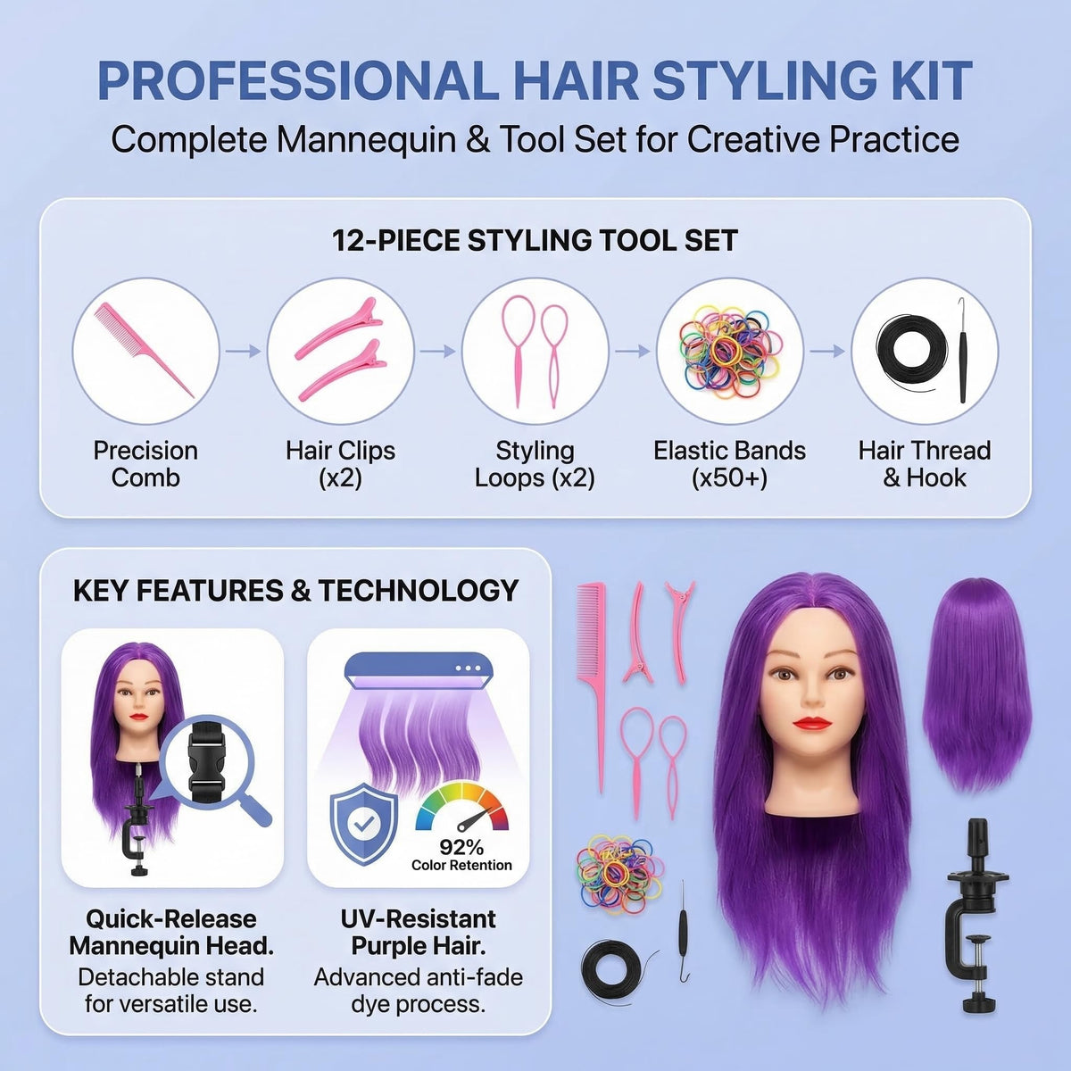 Tête de mannequin HAPOWELL avec clip de table