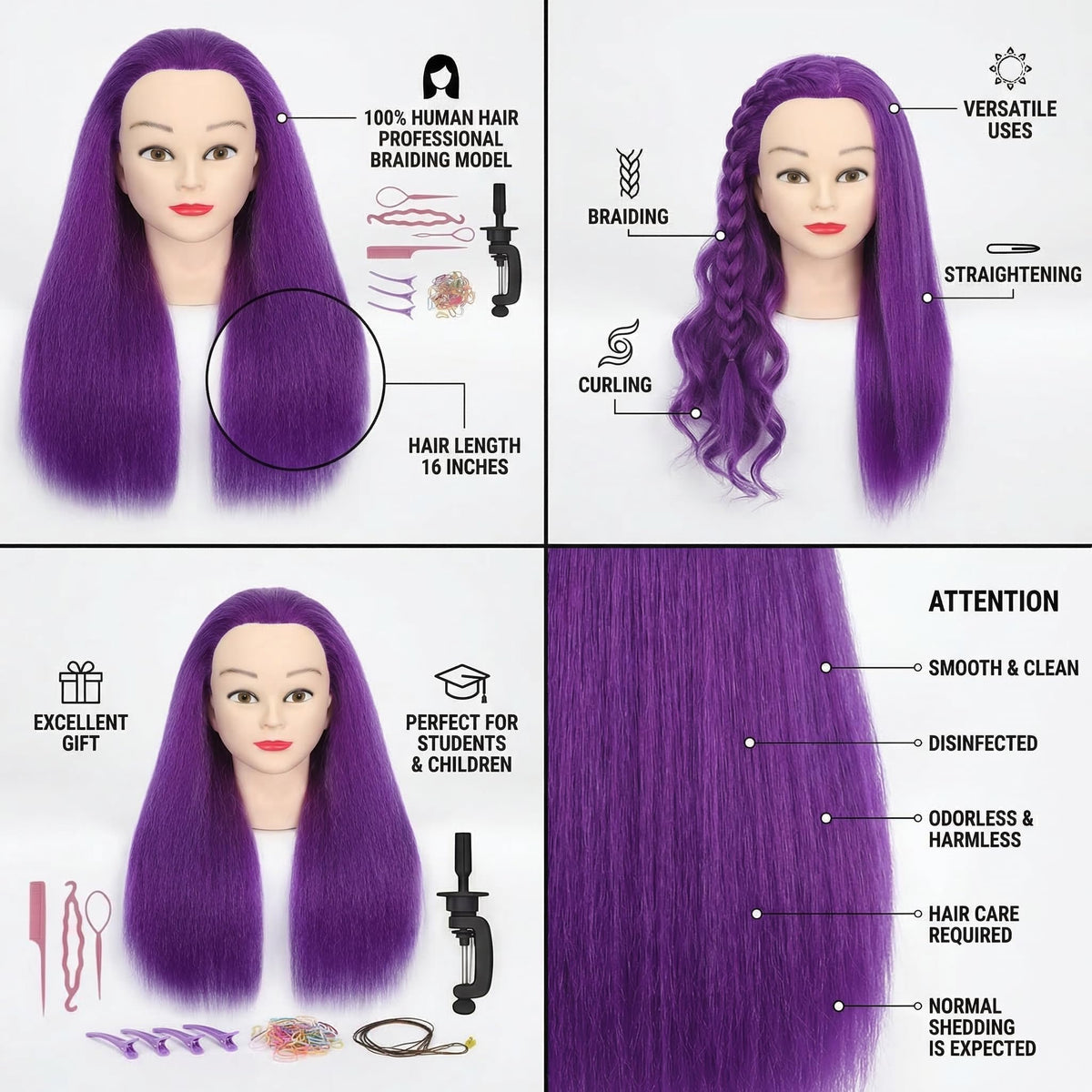 Tête de mannequin HAPOWELL en cheveux naturels, vue latérale
