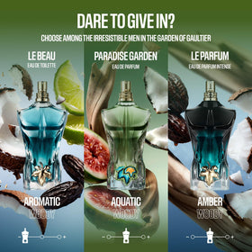 Texte sur l'arrière du flacon Jean Paul Gaultier Le Beau Paradise Garden