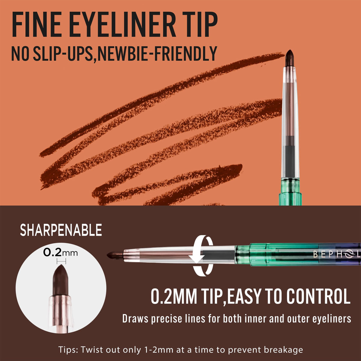 Texture crémeuse du crayon eyeliner gel BEPHOLAN marron