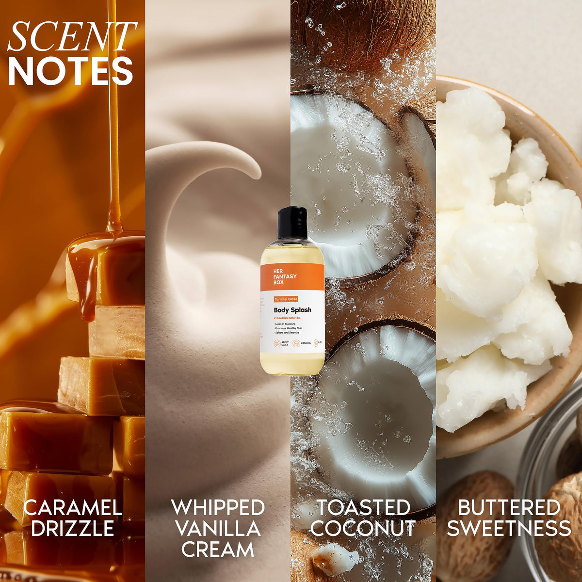 Texture de l'huile de corps Caramel Glaze sur la main