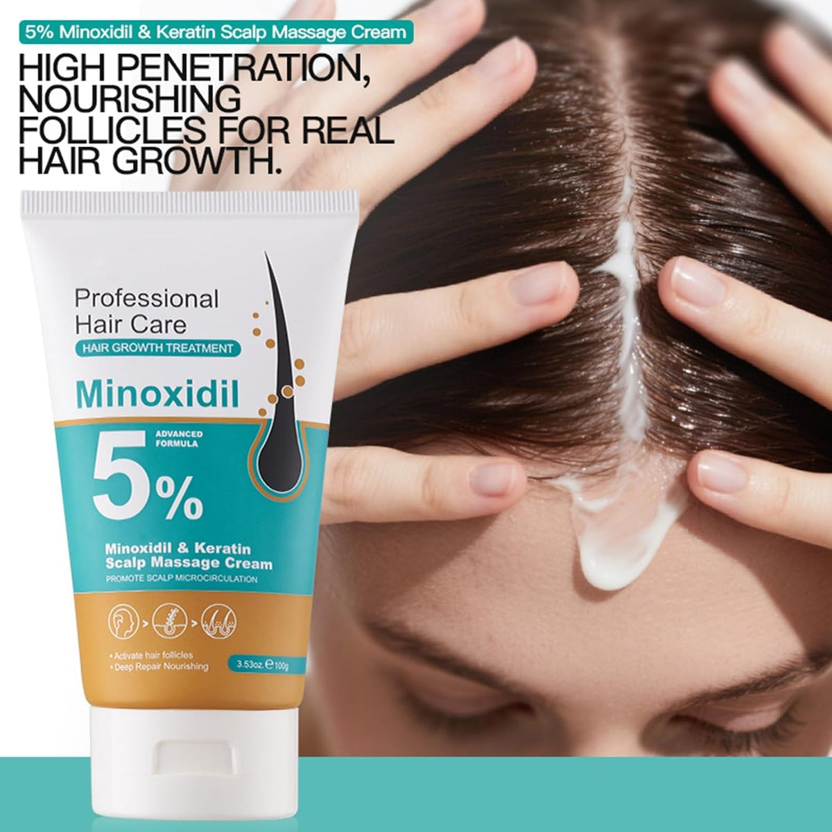 Texture de la crème MQN 5% Minoxidil sur une main