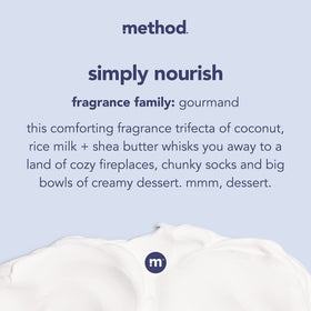 Texture de la lotion hydratante Method Simply Nourish sur la main