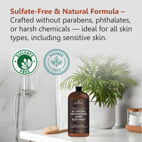 Texture du gel douche naturel First Botany sur un fond blanc