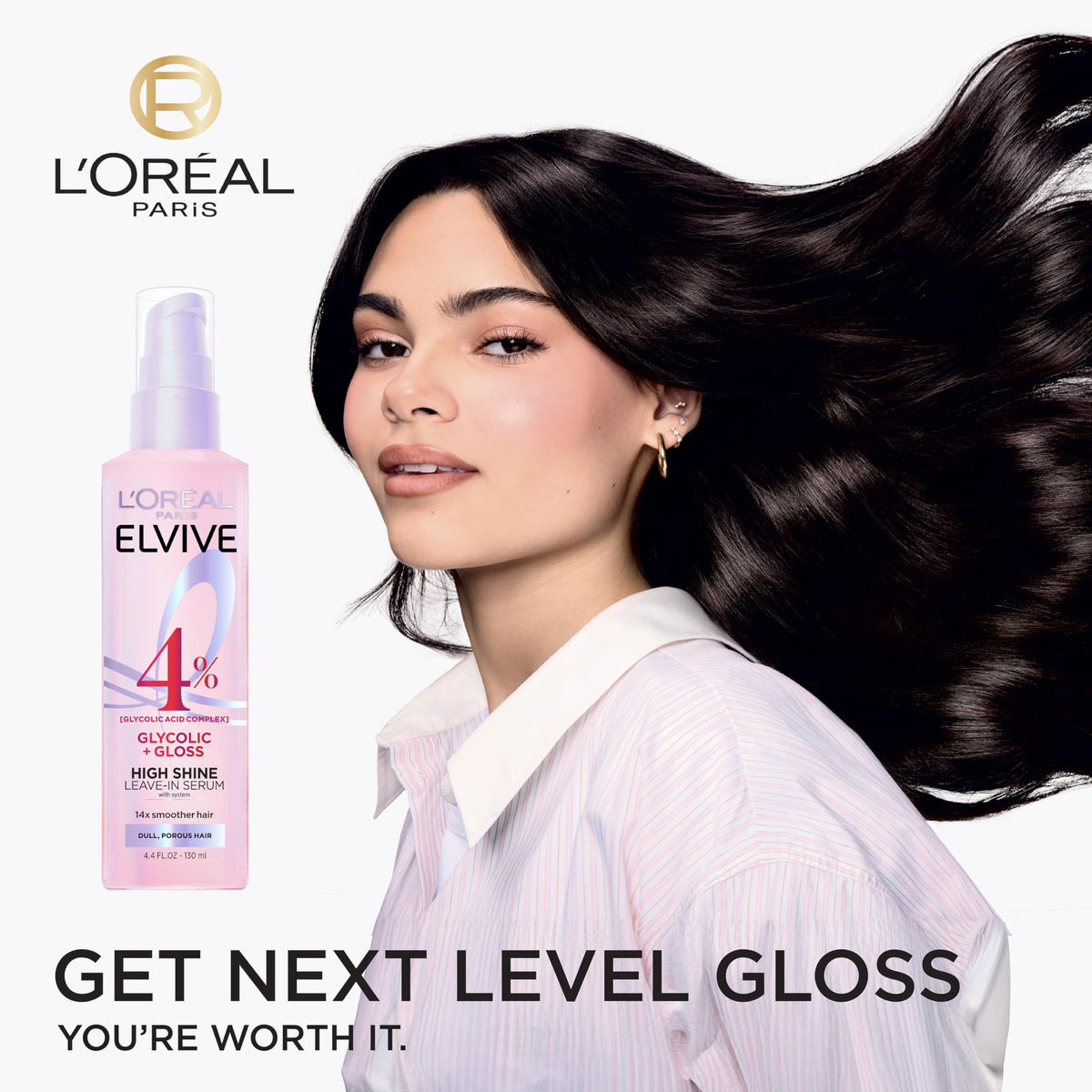 Texture du sérum L'Oreal Paris Elvive Glycolic + Gloss sur fond blanc