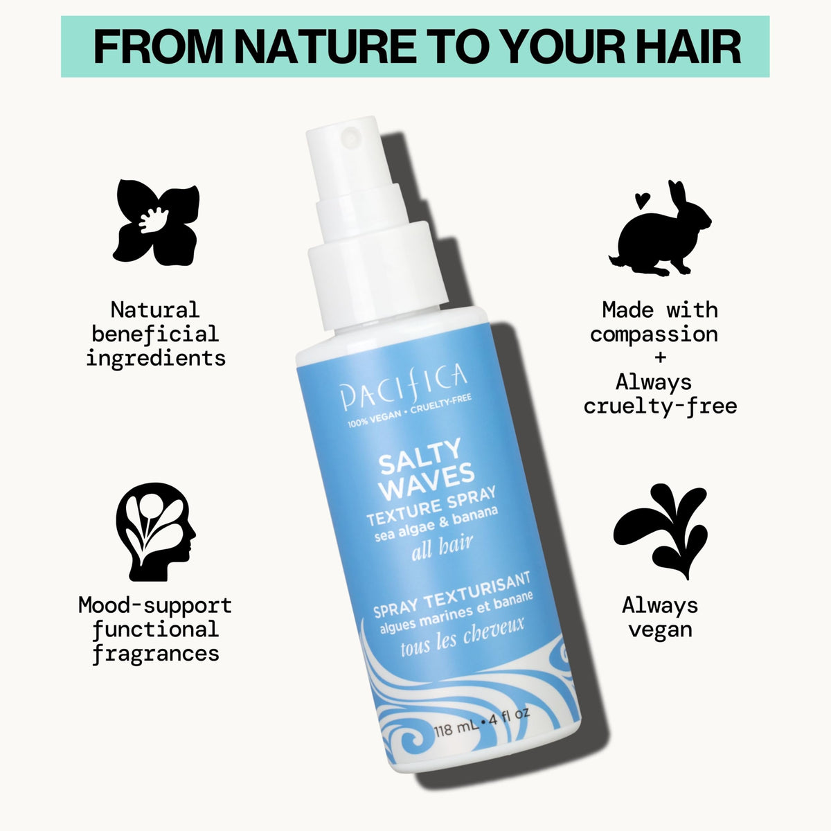 Texture du spray Salty Waves de Pacifica sur cheveux