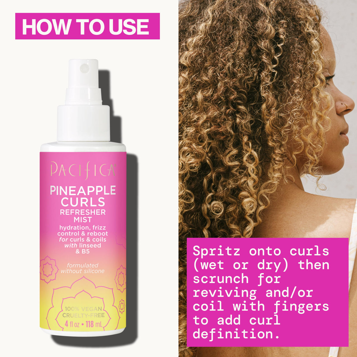 Texture légère du spray Pacifica sur cheveux