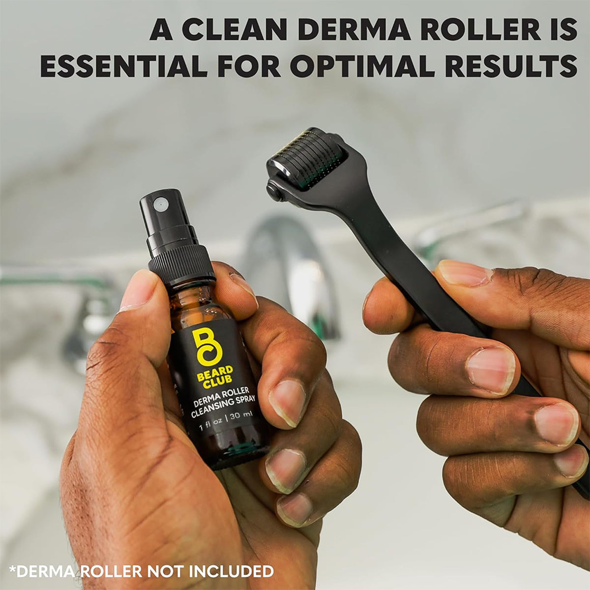 The Beard Club Spray Nettoyant en usage sur un derma roller