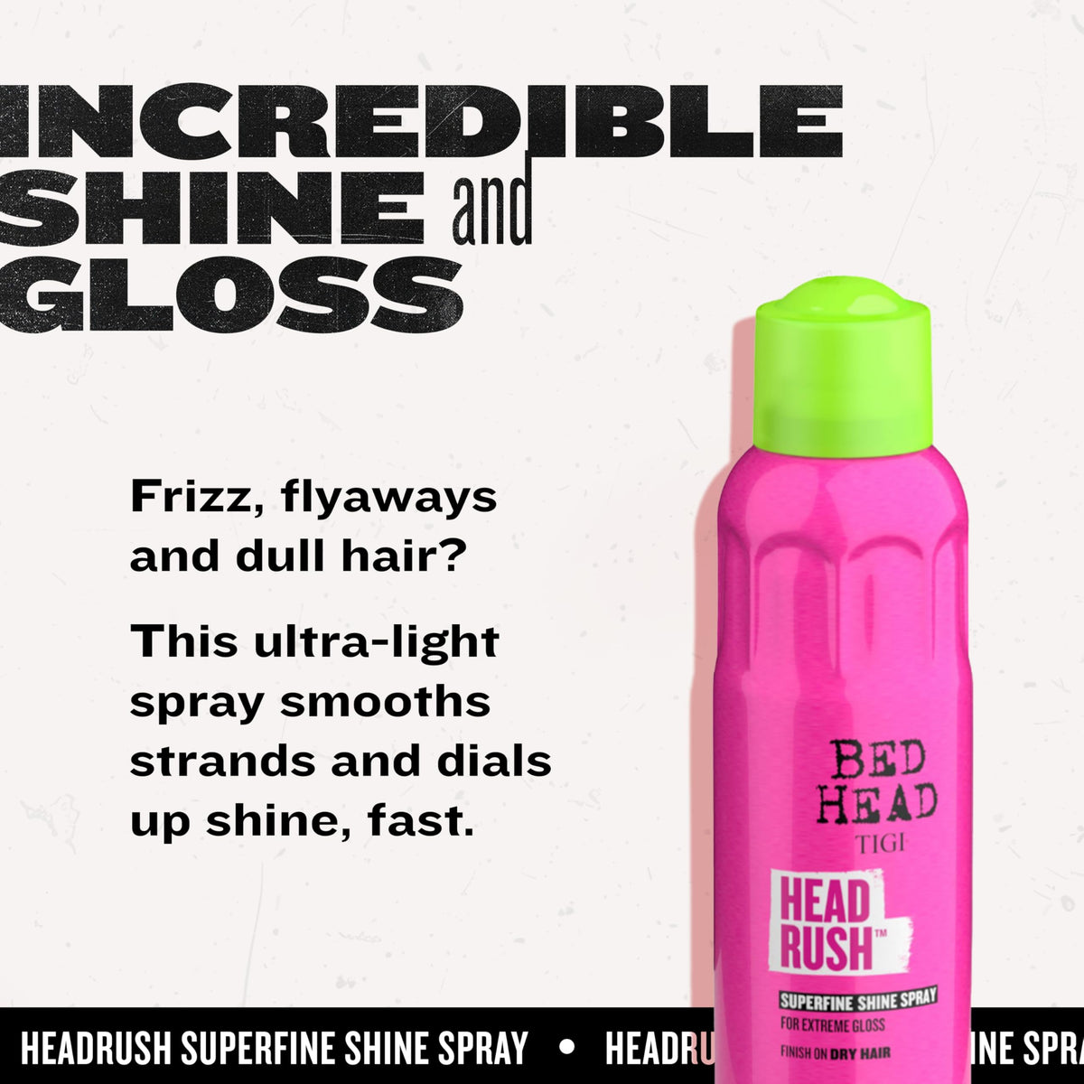 TIGI Headrush Spray de Brillance 150ml, produit sur une table avec accessoires de coiffure