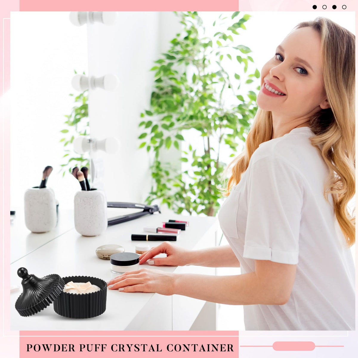 Tioncy puffs et conteneur en verre noir sur un fond neutre