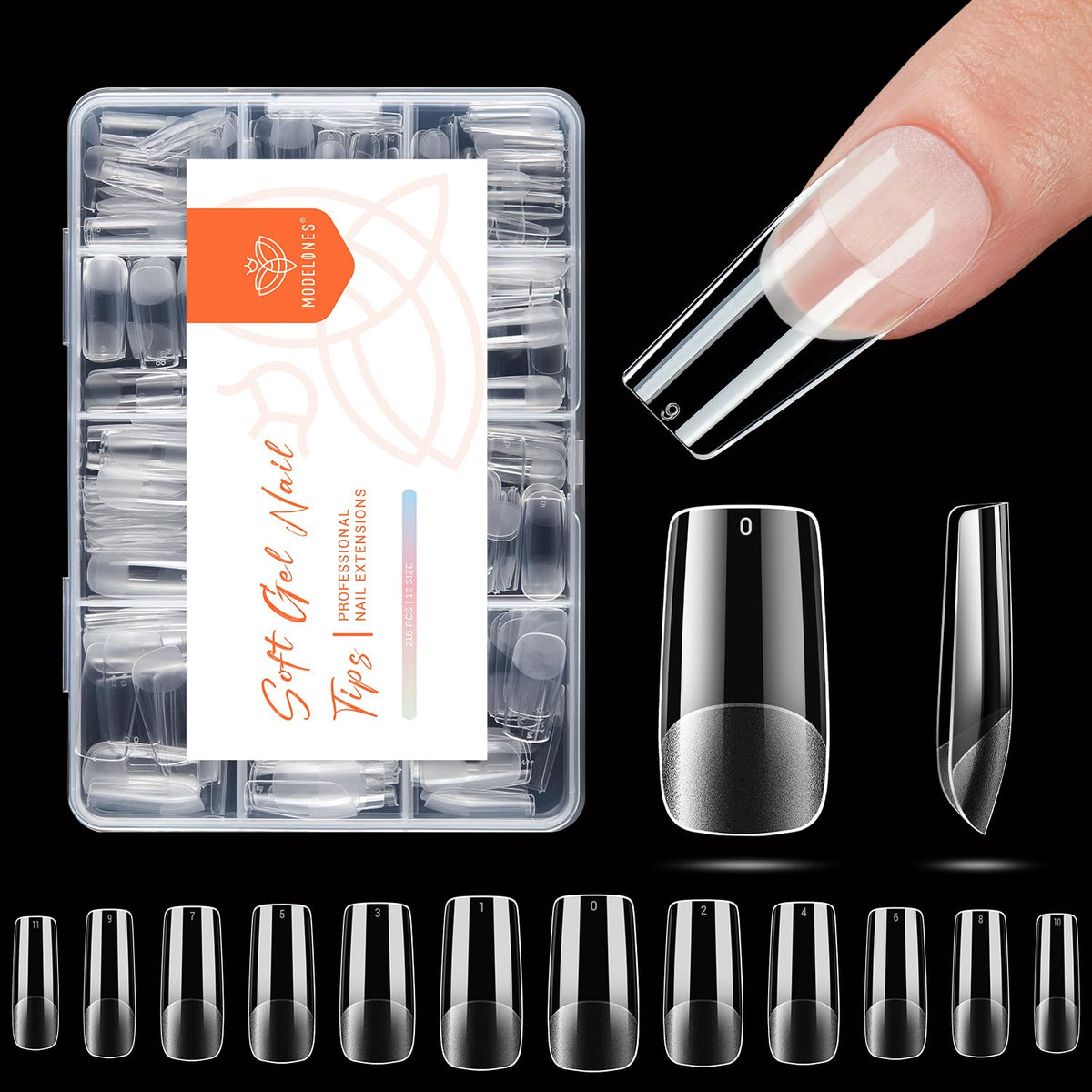 Tips à ongles carrés moyens en gel modelones, vue de face
