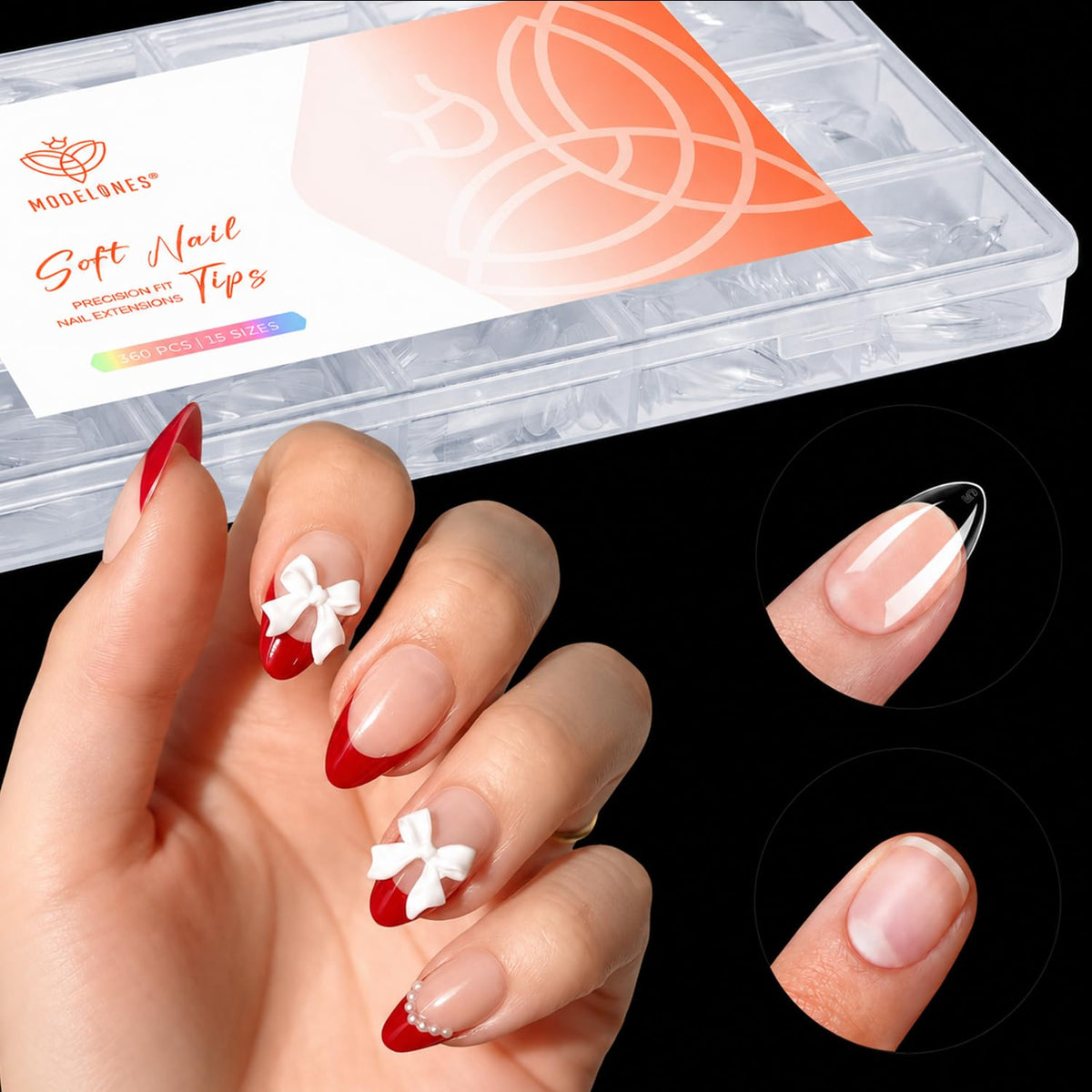 Tips d'ongles en amande clair modelones, vue de face