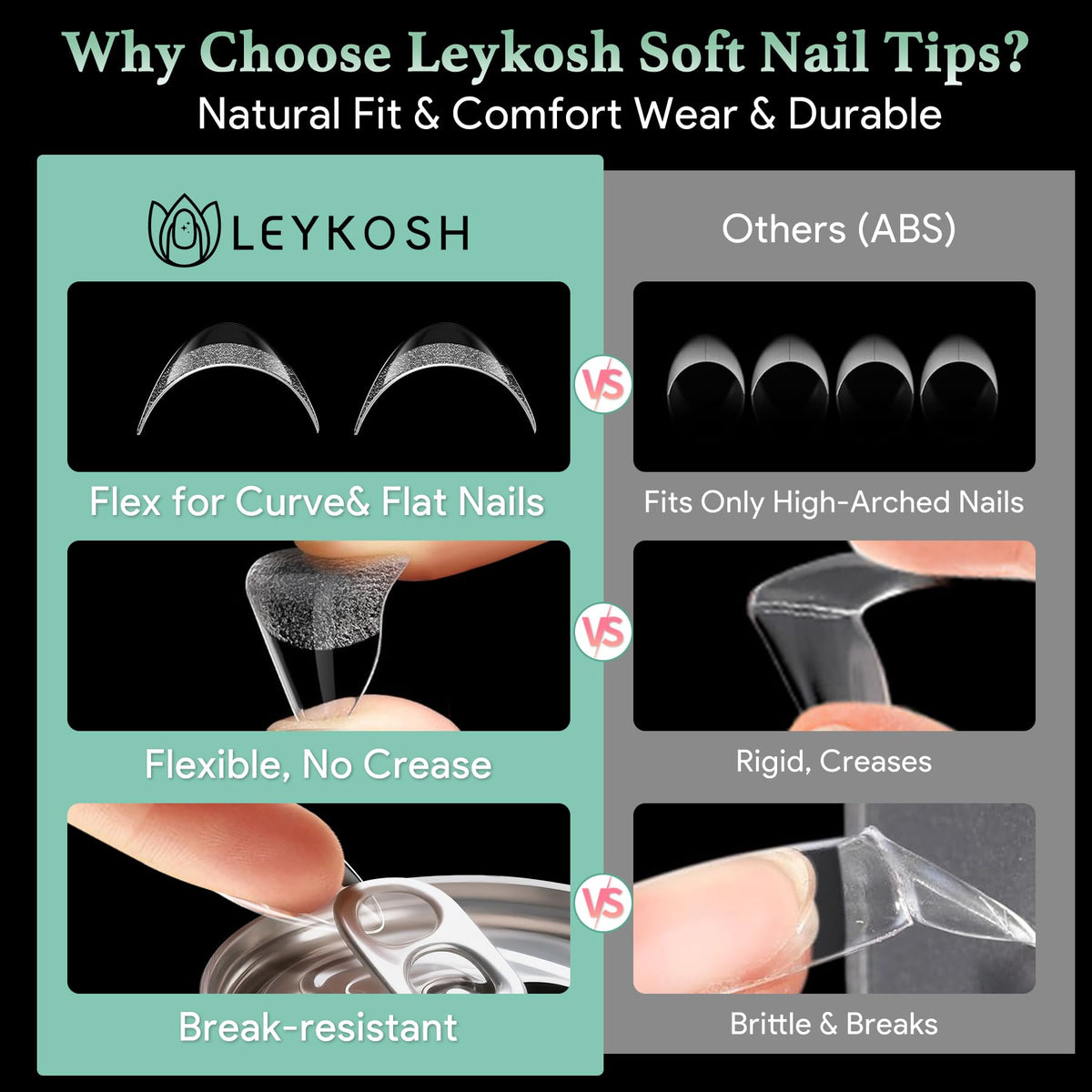 Tips d'ongles LEYKOSH montrant leur flexibilité