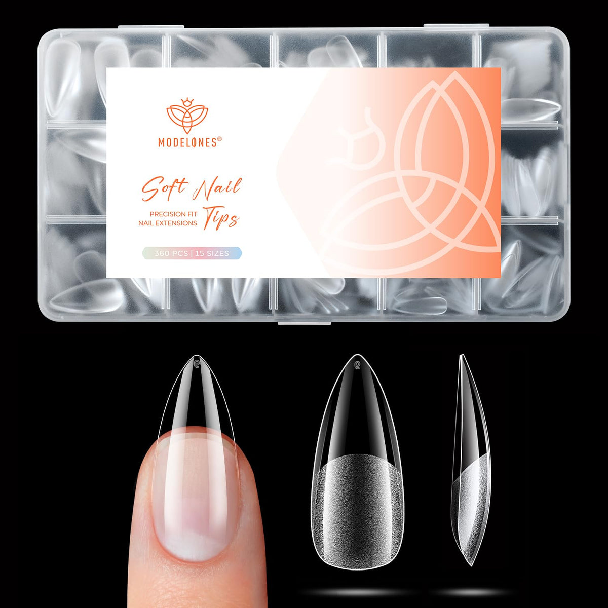 Tips d'ongles stiletto medium modelones, vue de face