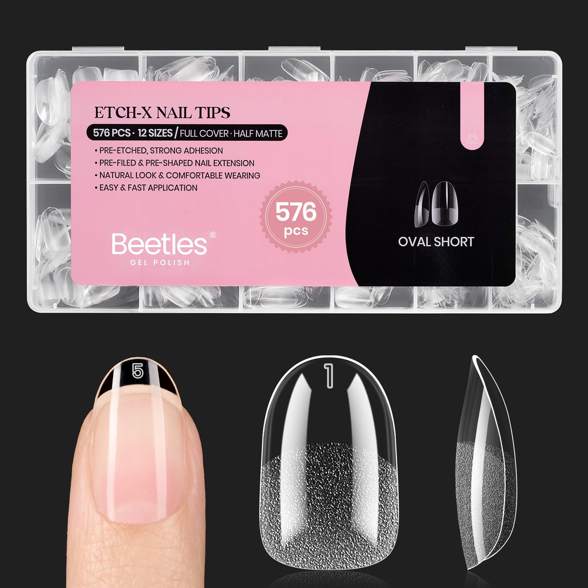 Tips ongles courts ovales beetles 576 pcs, vue de face