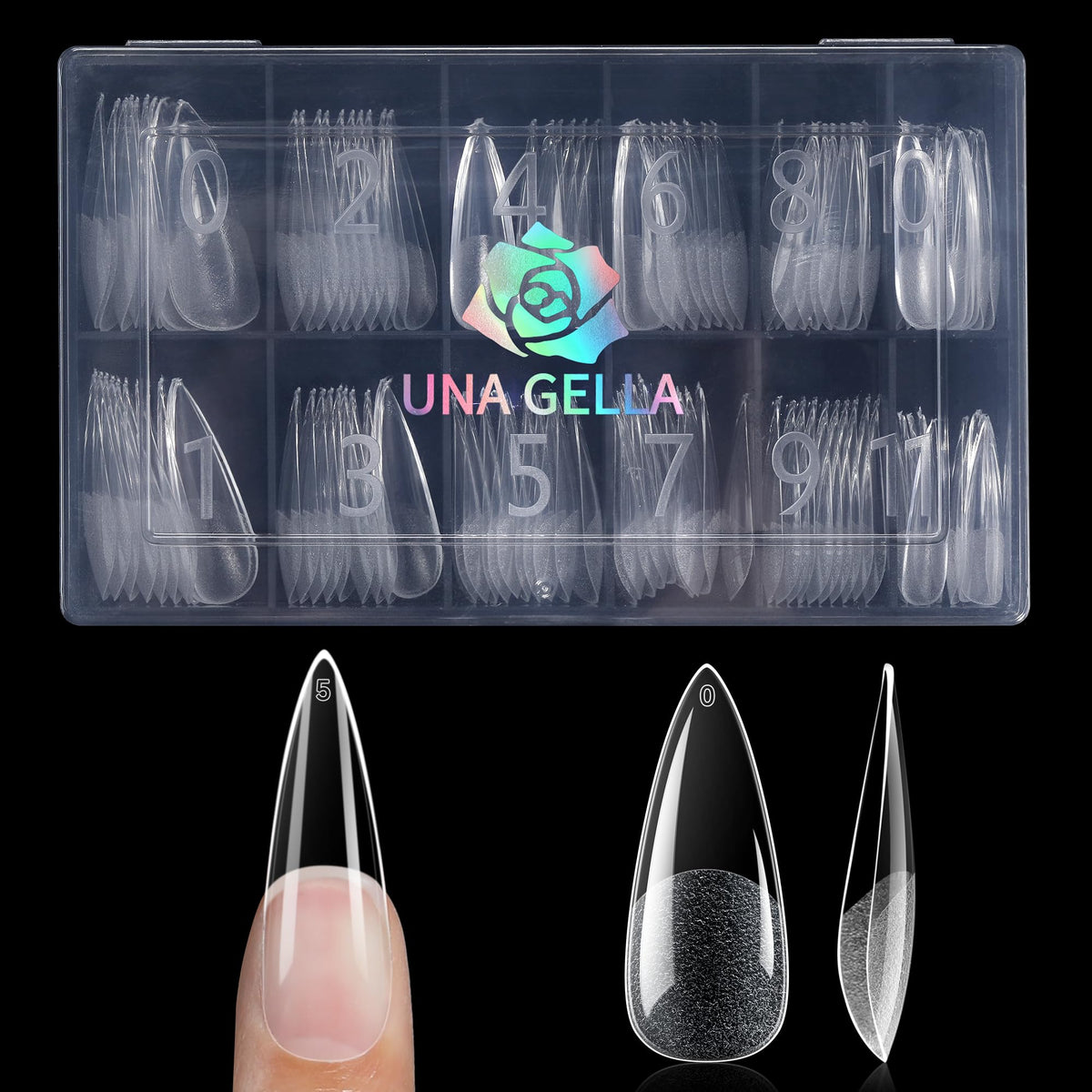 Tips ongulaires stiletto UNA GELLA en gel souple, vue de face