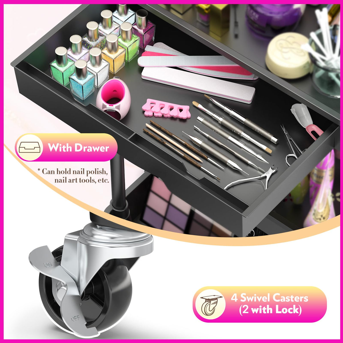 Tiroir amovible de l'organisateur de maquillage SUNALLY, rempli d'accessoires