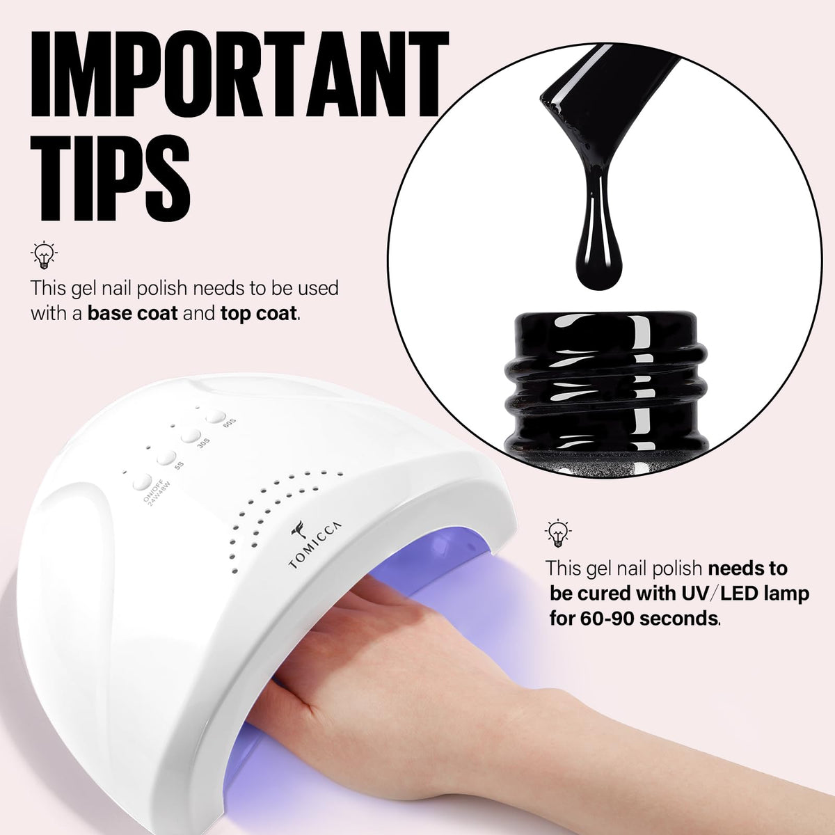 TOMICCA Vernis à Ongles Gel Noir à côté de lampes LED
