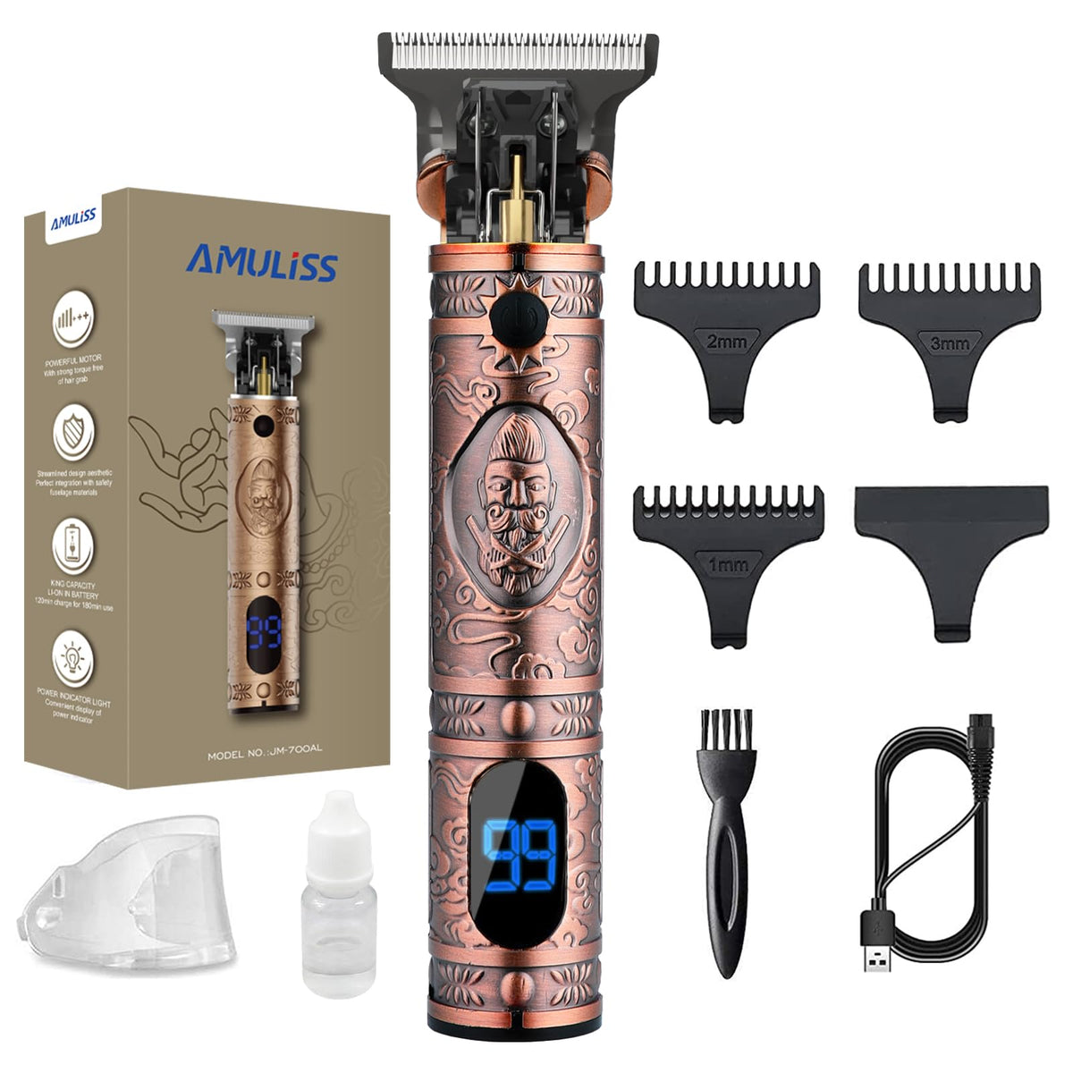 Tondeuse à barbe AMULISS vue de face avec design ergonomique