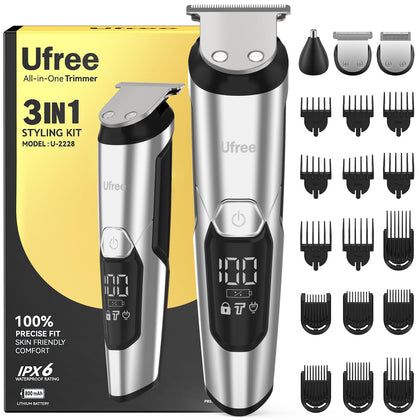 Tondeuse à barbe Ufree 3-en-1 vue de face avec accessoires