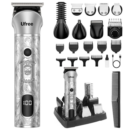 Tondeuse à barbe Ufree 7-en-1 vue de face avec têtes interchangeables