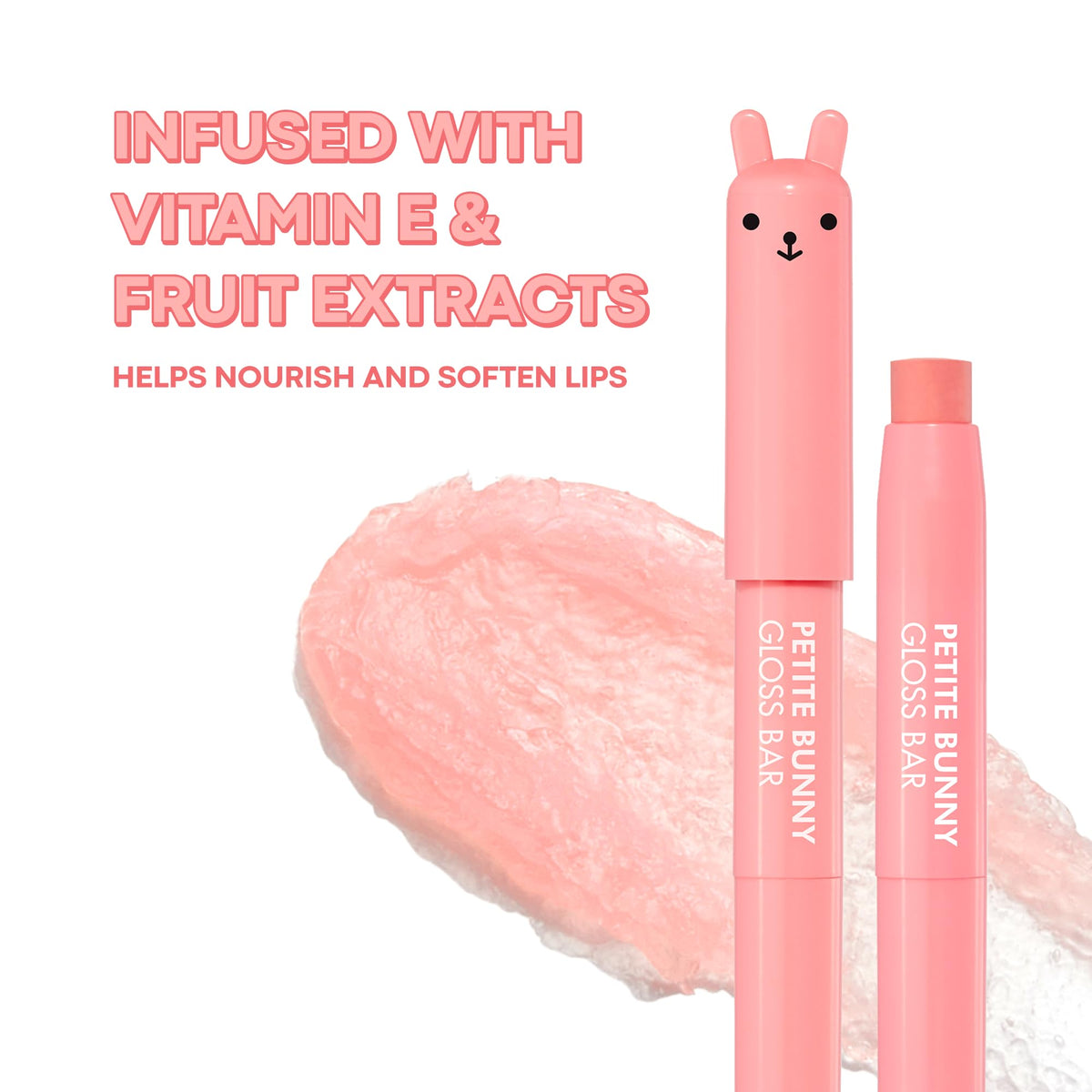 TONYMOLY Petit Bunny Lip Gloss Crayon à la Pêche sur une table avec d'autres produits de beauté