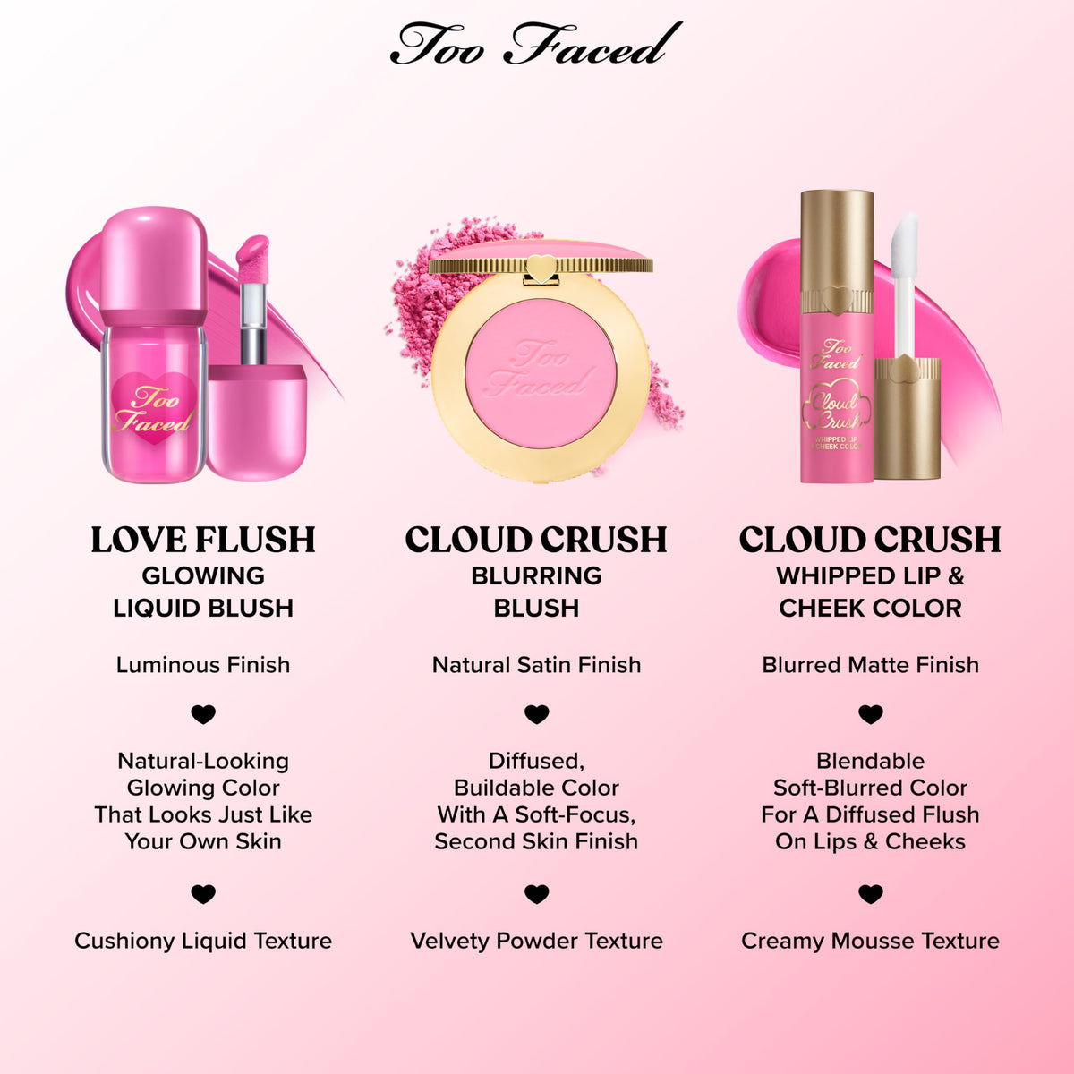 Too Faced Cloud Crush Blush avec accessoires de beauté