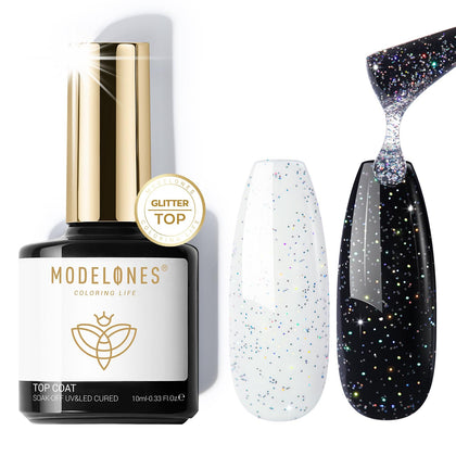 Top coat gel brillant modelones avec paillettes argentées vue de face