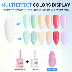 Top coat pailleté Makartt sur une palette de couleurs de vernis à ongles