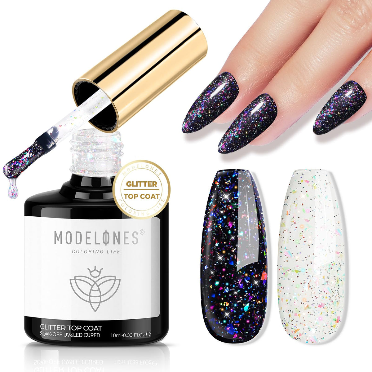 Top coat pailleté modelones 40g vue avant avec paillettes arc-en-ciel