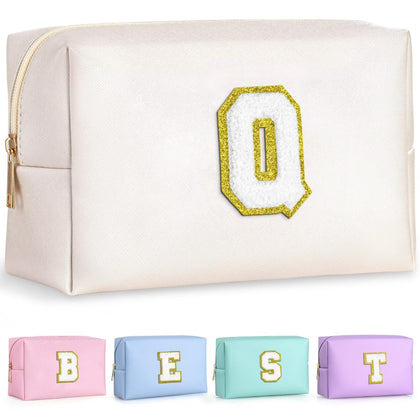 TOPEAST trousse de maquillage blanche avec patch initial en chenille doré