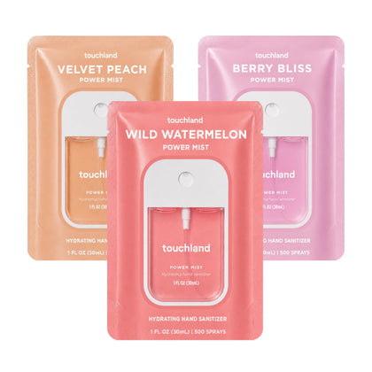 Touchland Juicy Trio Set avec trois sprays désinfectants pour les mains