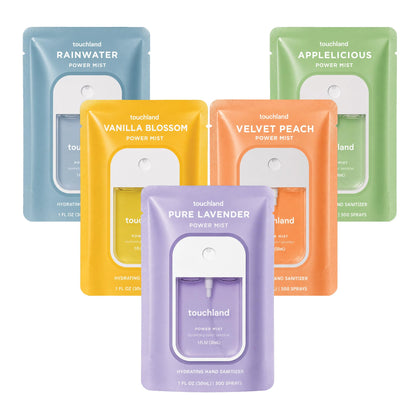 Touchland set de 5 sprays désinfectants hydratants avec packaging