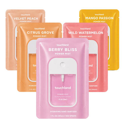 Touchland Set de 5 Sprays Désinfectants Hydratants, Citrus Grove, Berry Bliss, Wild Watermelon, Velvet Peach, Mango Passion